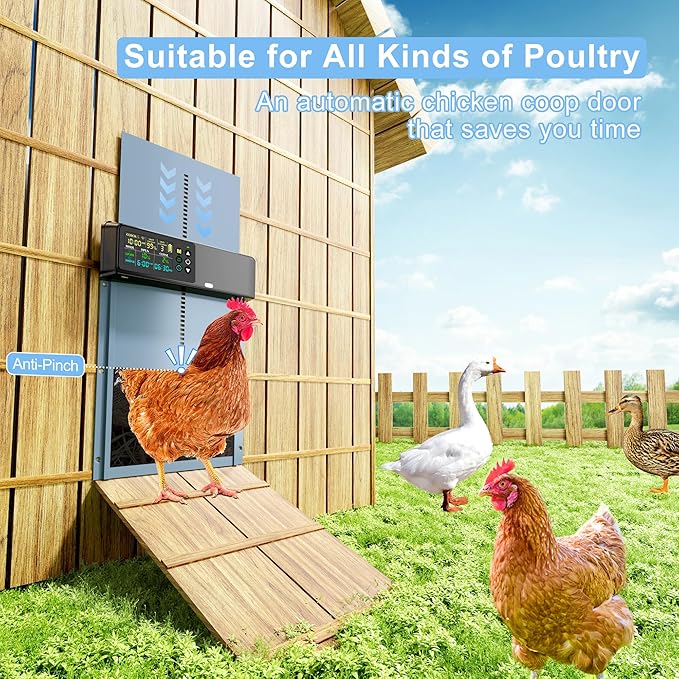 Automatic Chicken Coop Door Solar Powered with Programmable Remote, 4 Modes Combo Light and Timer Aluminum Chicken Door with LCD Color Display