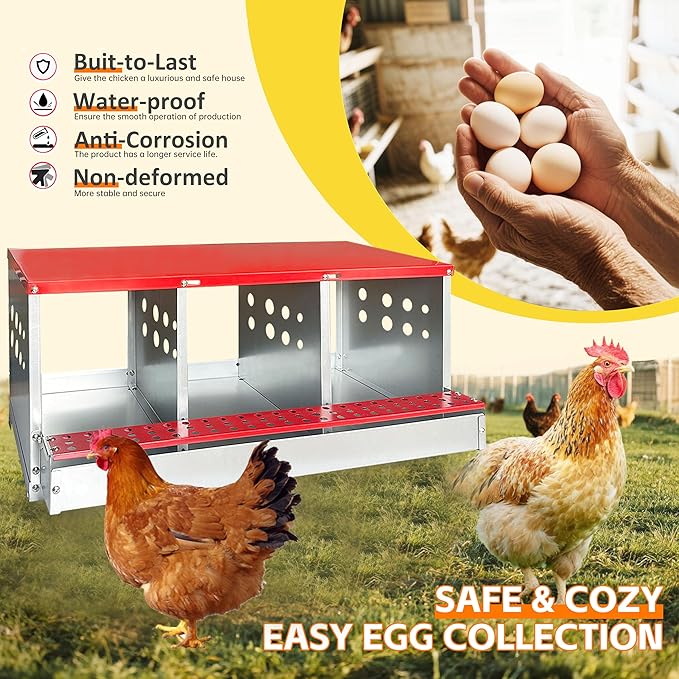 Chicken Nesting Boxes, 3 Compartments Metal Chicken Laying Box with Roll Out Egg Collection with Large Vented Holes for Chickens, Hens, Ducks, Large Egg Laying Boxes (3 Compartments)