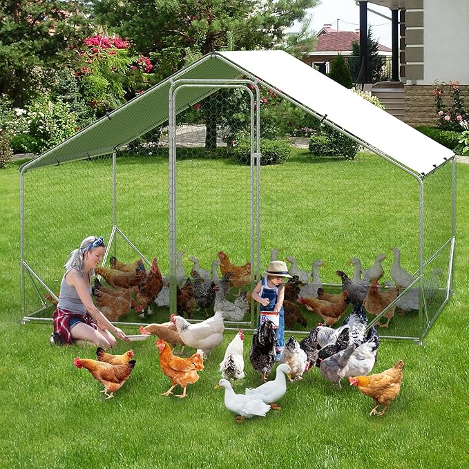 GarveeLife Large Chicken Coop, Metal Chicken Run with Anti-Ultraviolet Waterproof Cover, Spire Roof Walk in Poultry Cage, Outdoor Chicken Pen for Backyard and Farm Use, 9.8 ft x 6.5 ft x 6.5 ft