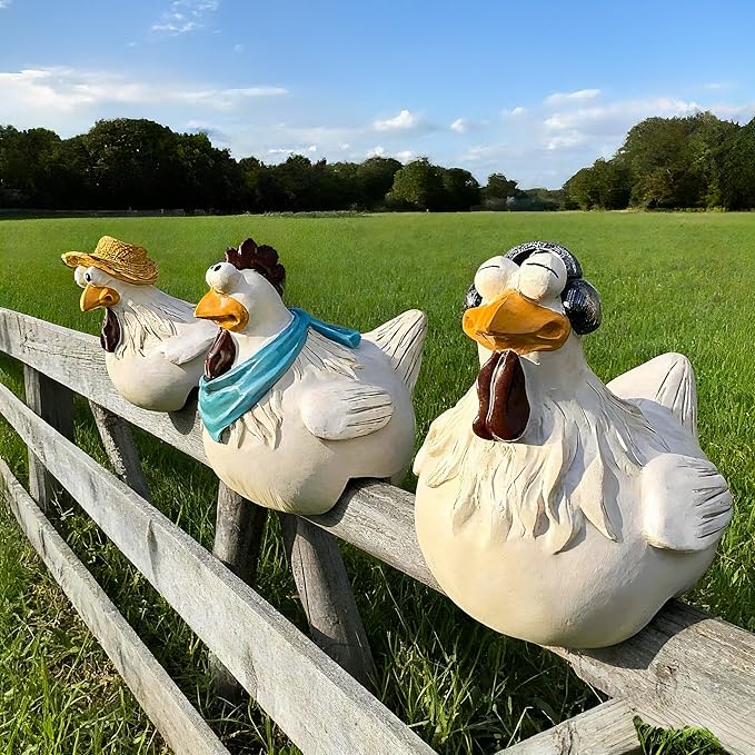 Teaeeno Chicken Fence Decoration,Funny Farm Sculpture Chicken Decor,Cute Chicken Sculpture,3 Chickens a Set,Resin Chicken Figurines,Animal Outdoor Statues for Home Garden Stairs,Farm,Patio,Backyard