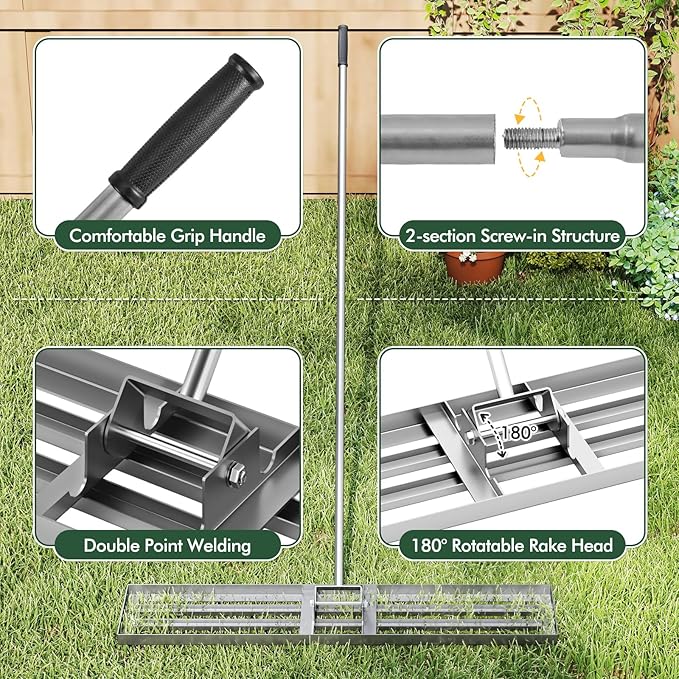Happygrill Lawn Leveling Rake, Heavy Duty Lawn Level Tool for Soil w/67” Handle, Dirt Ground Leveler, Effort-Saving Landscape Rake for Garden, Backyard, Golf Course, Farm, Pasture (46" x 10", Silver)