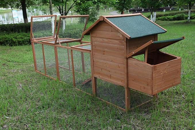 Outdoor Chicken Coop Wooden Hen House Poultry Pet Hutch Run Cage w/Waterproof Asphalt Roof, Ramp, Nesting Box, Wire Fence (120")