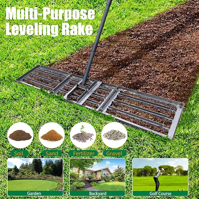 Lawn Leveling rake 51"x9.4" Levelawn Tool with 70.5" Adjustable Long Handle Heavy Duty Landscape Leveling Rake Lawn Leveler Yard Tool for Backyard, Golf Course, Garden, Pasture, Farm