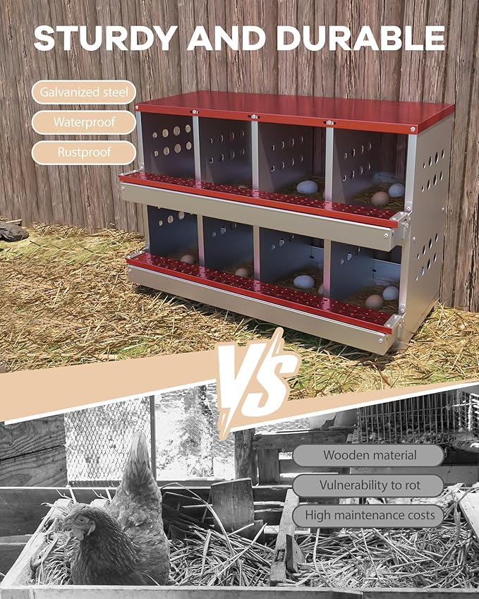 Metal Chicken Nesting Boxes - 8 Hole Wall-Mountable Laying Boxes with Lid & Roll-Away Egg Collection, Weatherproof Galvanized Steel, Includes 8 Fake Eggs for Chicken Coop, Red