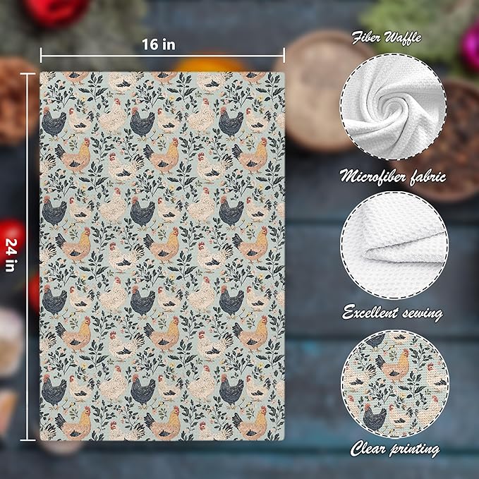 Chicken Floral Kitchen Dish Towels for Bathroom Decor, Farmhouse Cottage Core Decor Kitchen Towels,Chicken Gifts for Women Mom Lady, 16x24 Inch