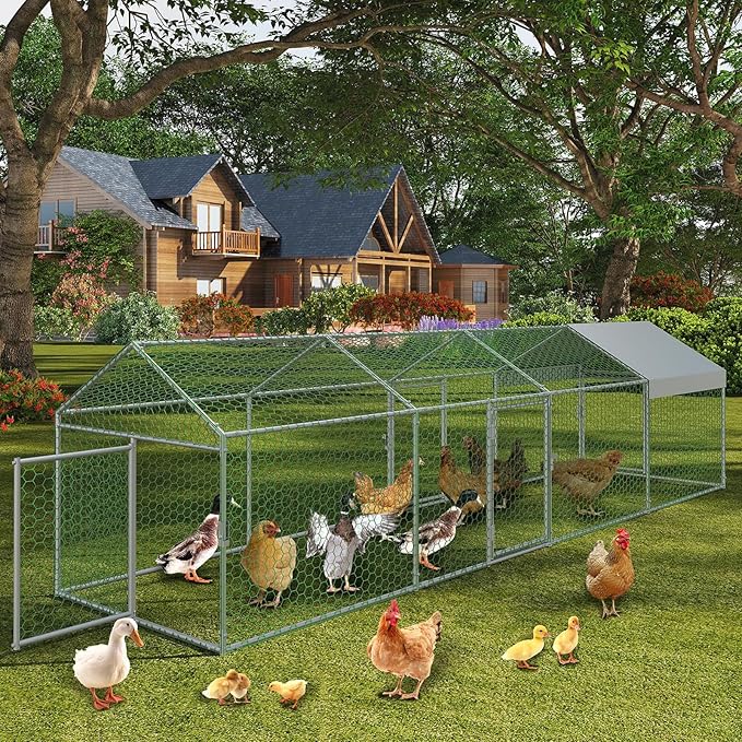 160"x 40"x 40" Large Metal Chicken Coop, Walk-in Chicken Run with Waterproof and Anti-UV Cover, Outdoor Poultry Cage with 4 Doors for Hen Rabbit Duck Goose, Silver