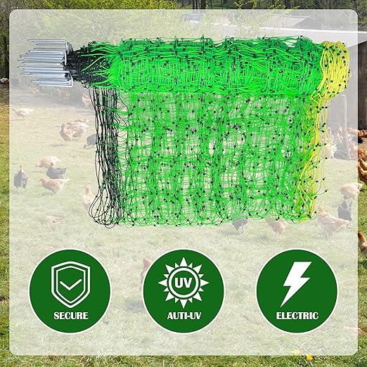 Electric Fence Netting, 35.5" x 164' Electric Poultry Netting with Fiberglass Posts and Double-Spiked Stakes, Utility Portable Mesh for Poultry in Backyards, Homesteads, Farms and Ranches