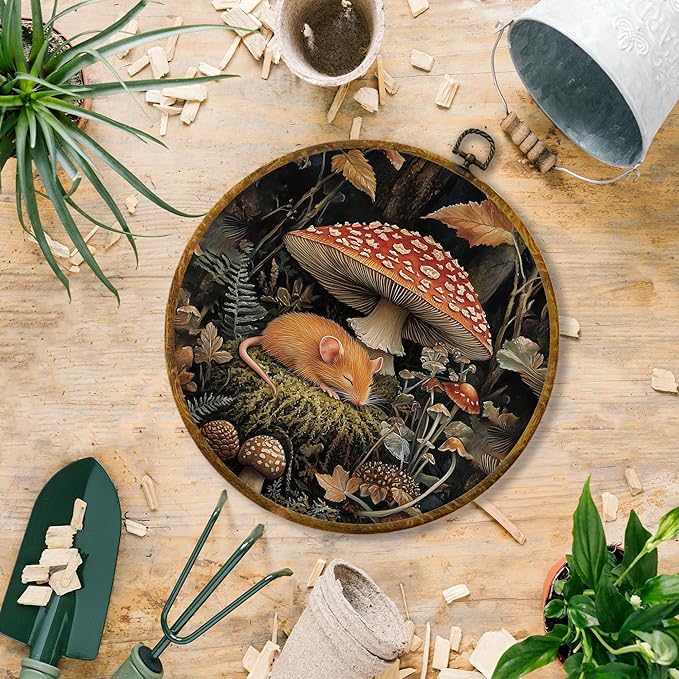 Hiuwevt Fantastic Forest Mushroom Rat Round Wall Art Decor, Mystical Woods Fern Plant Hanging Canvas Prints Artwork Framed, Cottagecore Mushroom Botanical Circular Wall Decor for Home, 10x10 Inch