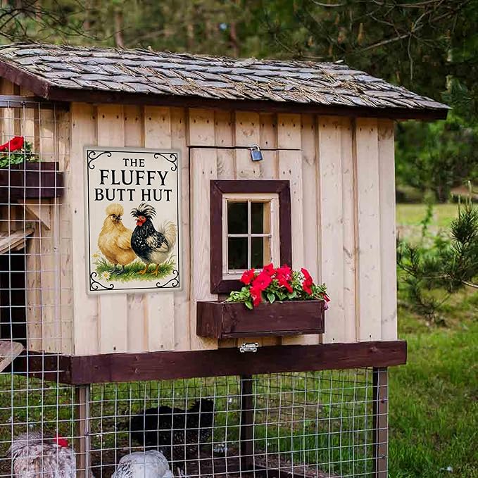 The Fluffy Butt Hut Sign -Funny Chicken Coop Signs for Home, Garden, Yard, Metal Chicken Decorations Outdoor, Farmhouse Wall Art Gifts for Women- 8x12 Inch