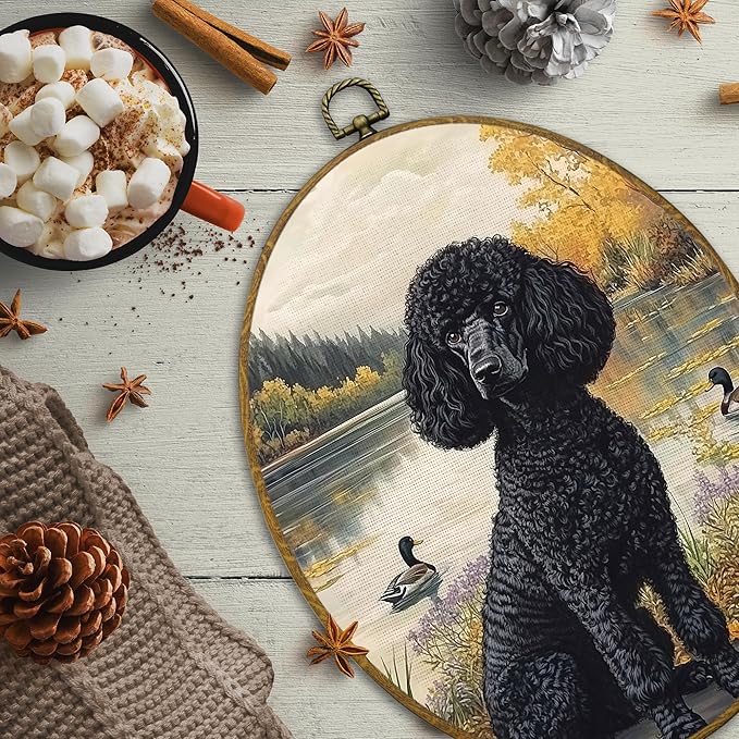 CUANFDDSF Vintage Black Poodle Oval Wall Art Decor, Poodle Gifts for Women Wall Hanging Decor, Cottage Core Farmhouse Lakeside Dog Duck Framed Canvas Prints for Home Bedroom Living Room, 8.6x11.4 Inch