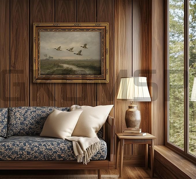 Vintage Gold Framed Flying Duck Wall Art Mallard Duck Canvas Wall Decor Rustic Mallard Poster Artwork Retro Rustic Farmhouse Animal Picture for Home Living Bedroom Farmhouse Hallway 12x16in