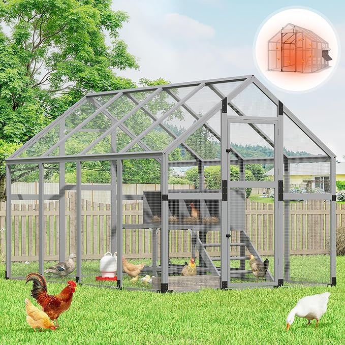Extra Large Chicken Coop Run, Outdoor Wooden Chicken House Insulated with Waterproof Cover for Winter, 4 Nesting Boxes, Roosting Bars for 10-15 Chickens, Backyard, Farm, 9' x 6' x 6' (Modern Grey)