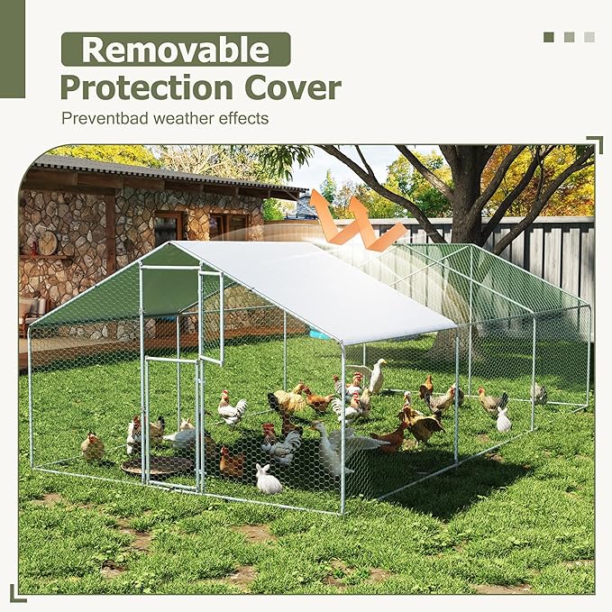 Large Metal Chicken Coop,19.7x9.8x6.4 FT Chicken Run for Yard with Waterproof & Anti-UV Cover,Walk in Chicken Pen with Feeding Door (19.7 * 9.8 * 6.4 ft)