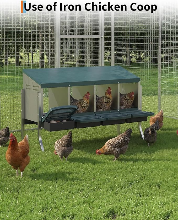 Metal Chicken Nesting Box with Easy-Collect Tray & Lid – 3/4/2x2 Compartment Heavy Duty Roll Away Nesting Boxes for Chickens, Wall Mount or Freestanding, Galvanized Steel Hen Laying Box for Coop