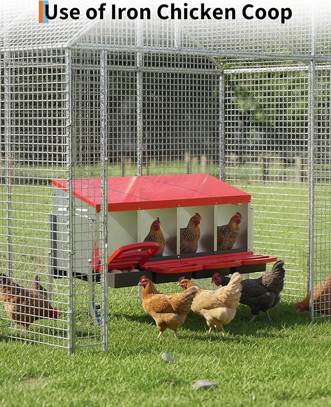 Chicken Nesting Box 4 Hole, Galvanized Steel Nest with Roll Away Egg Collection & Swing Perch, Easy-Clean Laying Box for Hens, Heavy Duty Design for Chicken Coop