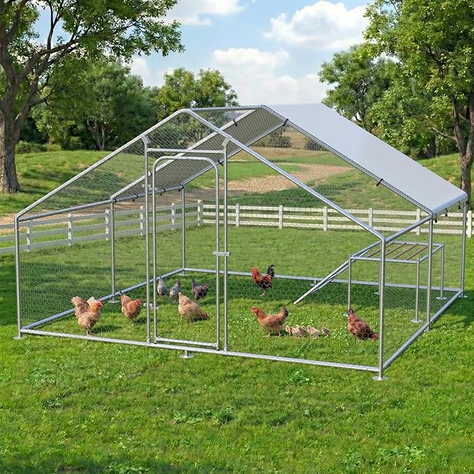 Large Metal Chicken Coop with Roosting Ladder, Waterproof and UV-Resistant Cover, Outdoor Walk-in Cage Hen House for Farm Yard Rabbit Duck Chicken Run, Spire Roof (13.1'W x 9.8'L x 6.4'H)