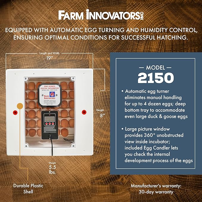 Farm Innovators 2150 Heated Digital LCD Display Still Air Incubator for 4 Dozen Eggs with Deep Bottom Tray and 360 Degree Viewing Window, White