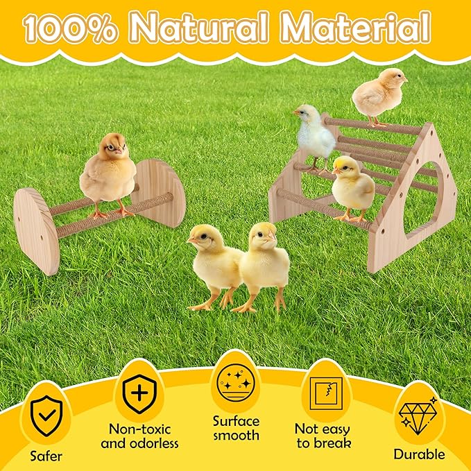 2Pack Wood Chick Perch Stand with Rope, Larbeti Chick Roosting Bar for Brooder with Holes Coop Chicken Jungle Gym Wooden Chicken Training Perch Stand Toy for Poultry, Bird, Parrot, Pigeon