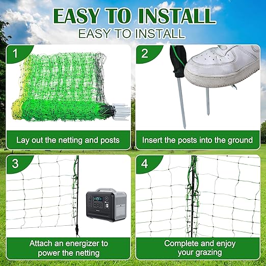 Electric Fence Netting, 35.5" x 164' Electric Poultry Netting with Fiberglass Posts and Double-Spiked Stakes, Utility Portable Mesh for Poultry in Backyards, Homesteads, Farms and Ranches