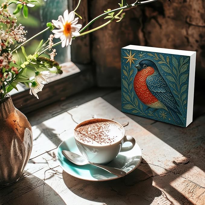 Cardinal Bird Wooden Sign - Navidad Xmas Decoration, Christmas Art Ornament, Bird Christian Wooden Box Sign for Home Kitchen Bathroom Library Table Desk Shelf Decoration, 5x5 Inch