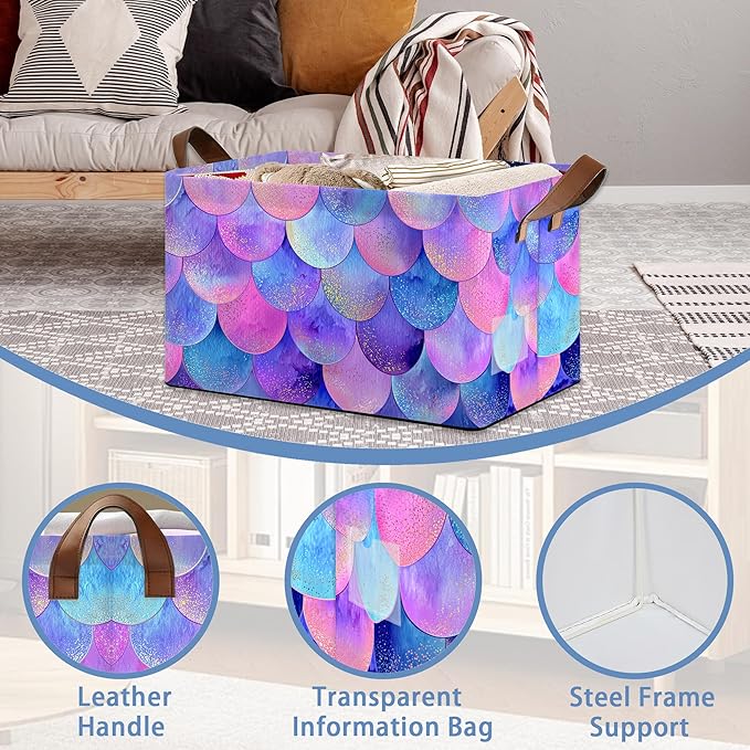 Glitter Fish Scales Storage Baskets,Mermaids Foldable Organizer Bin with Handles for Home Living Room Bedroom Closet Box 17x11.5x10Inch