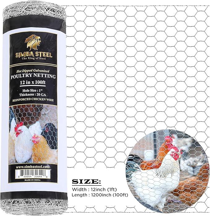 Chicken Wire 12 in x 100 FT x 1” Mesh x 20GA | Poultry Wire Netting | Hot Dipped Galvanised | Hexagonal Galvanized Mesh for Chicken Coop, Rabbit Fence (PM 12 x 100)