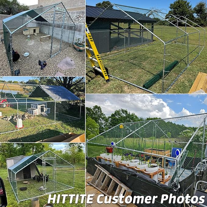 HITTITE Large Metal Chicken Coop with Run, 12.8 x 9.84 x 6.23 ft Walk in Poultry Cage Chicken Run Pen, Dome Roof Outdoor Chicken Runs for Yard with Waterproof & Anti-UV Cover