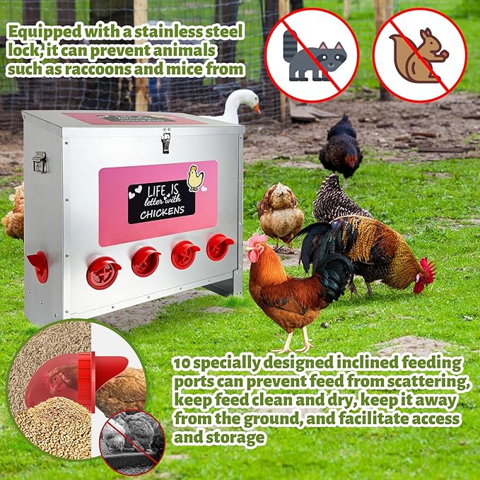 85-120LB Large Automatic Chicken Feeder Galvanized Metal Chicken Feeders with 10 Feeding Ports No Waste Outdoor Poultry Feeder with Handle and Locking Lid for Chickens and Ducks