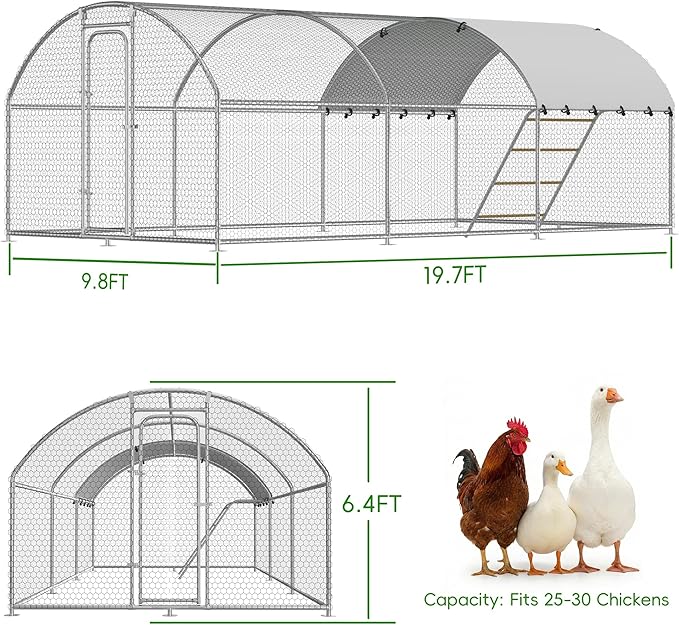Large Metal Chicken Coop with Roosting Perch Walk-in Poultry Cage Chicken Run Duck House Chicken Pen Dome Shaped Coop with Waterproof Cover for Outdoor Backyard Farm Use(10' L x 19.7' W x 6.4' H)