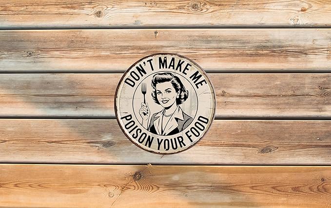 AWISZZZ Poison Your Food Metal Sign 8x8in Round Warning Plaque for Kitchen Wall Decor Chef Humor Gift