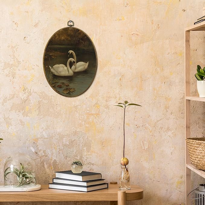 CUANFDDSF Vintage Swan Oval Wall Art Decor, Modern Farmhouse Swan Wall Hanging Decor, Moody Cottagecore Farmhouse Antique Animal Framed Canvas Prints for Home Bedroom Living Room, 8.6x11.4 Inch