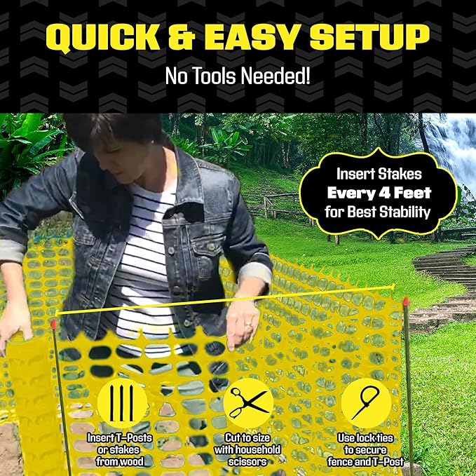 BOEN 4' x 100' Yellow Temporary Fencing, Mesh Snow Fence, Plastic, Safety Garden Netting, Above Ground Barrier, for Deer, Kids, Swimming Pool, Silt, Lawn, Rabbits, Poultry, Dogs