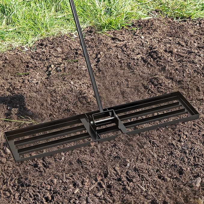 Happygrill Lawn Leveling Rake, Heavy Duty Lawn Level Tool for Soil w/67” Handle, Dirt Ground Leveler, Effort-Saving Landscape Rake for Garden, Backyard, Golf Course, Farm, Pasture (42" x 10", Black)