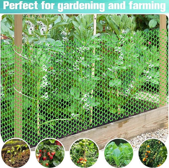 Plastic Mesh Fence Sheet 15.7IN x 10FT - 0.3IN Opening Plastic Chicken Wire Netting Roll Durable for Dogs, Poultry, Puppy, Garden Snake Barrier with 50 Pcs Zip Ties - Green