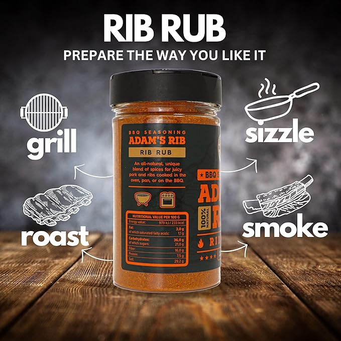 Adam's Ribs BBQ Rib Rub - 100% Natural and Unique Seasoning - Perfect Blend Of Spices For Juicy BBQ And Grill Ribs - Large Jar (220g)