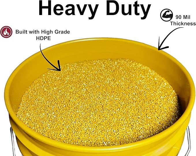 5-Gallon Bucket with Airtight Lid – Made in USA, Food Grade BPA Free Plastic, Heavy Duty Multi-Use, Metal Handle with Grip, Stackable Storage – Yellow, 1 Pack