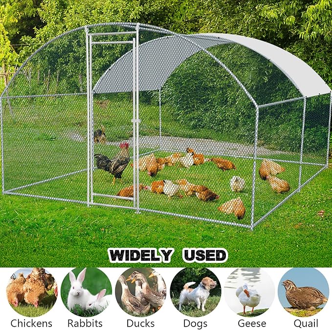 Chicken Coop Walk-in Chicken Run Heavy Duty Poultry Cage with Waterproof Cover, Large Metal Outdoor Pet Rabbit Duck Dog House for Small Animals,Backyard, Yard, Farm, Patio,Silver 10'Lx10'Wx6.6'H
