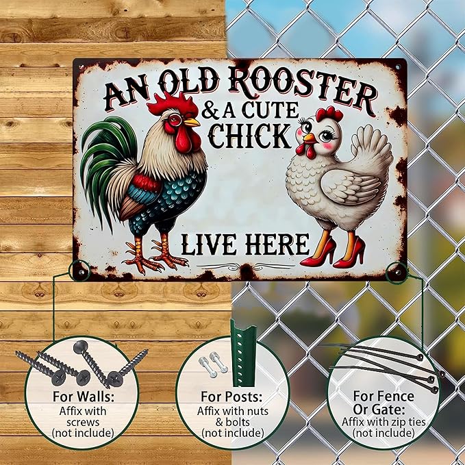 Vintage Chicken Coop Metal Signs - An Old Rooster & A Cute Chick Live Here Chicken Tin Sign, Funny Metal Signs Accessories Outdoor Home Wall Decor 8x12 inch