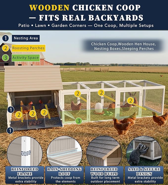 Large Wooden Chicken Coop with Run for 2–6 Chickens Outdoor Hen House with Raised Floor, Weatherproof Roof, 6 Nesting Boxes, 3 Perches & Slide-Out Tray Hen Coop for Backyard Poultry Pets