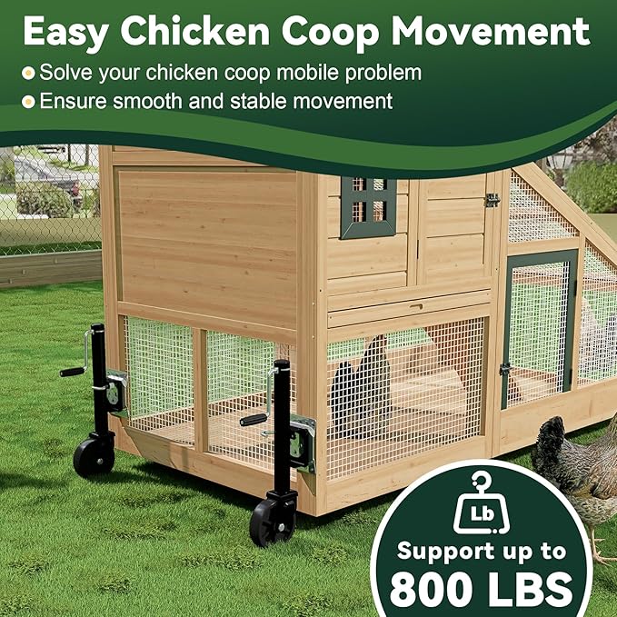 Flehomo Chicken Tractor Wheel Kit, 2 Pack Chicken Coop Wheels & Handles for Easy Movement, Chicken Caster Wheels Support up to 800 LBS, Chicken Coop Accessories, Repalcement or DIY, Easy Installation