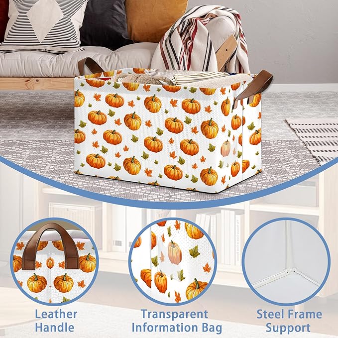 Pumpkin Maple Leaf Storage Basket with Handles,Thanksgiving Collapsible Rectangle Organizer Bin for Room Decoration Books Box Baskets 17x11.5x10Inch