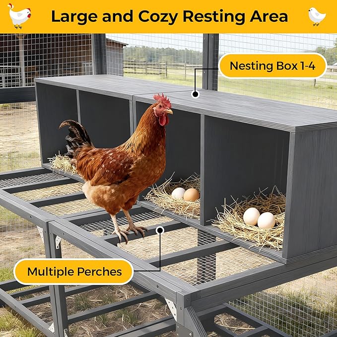 Extra Large Chicken Coop Run, Outdoor Wooden Chicken House Insulated with Waterproof Cover for Winter, 4 Nesting Boxes, Roosting Bars for 10-15 Chickens, Backyard, Farm, 9' x 6' x 6' (Modern Grey)