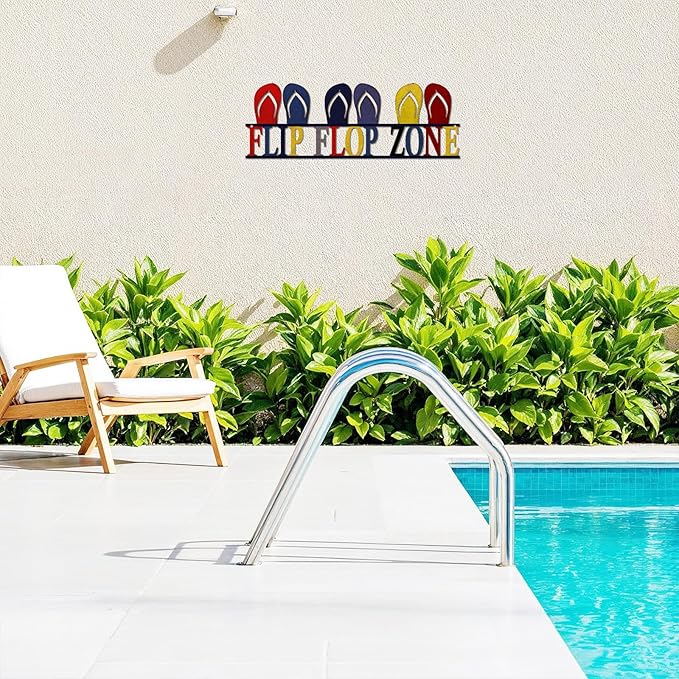 Metal Flip Flop Zone Wall Hanging Decor Sign, Vintage Flip Flop Coastal Decorations for Home Bathroom Bedroom, 5.5x16 inches