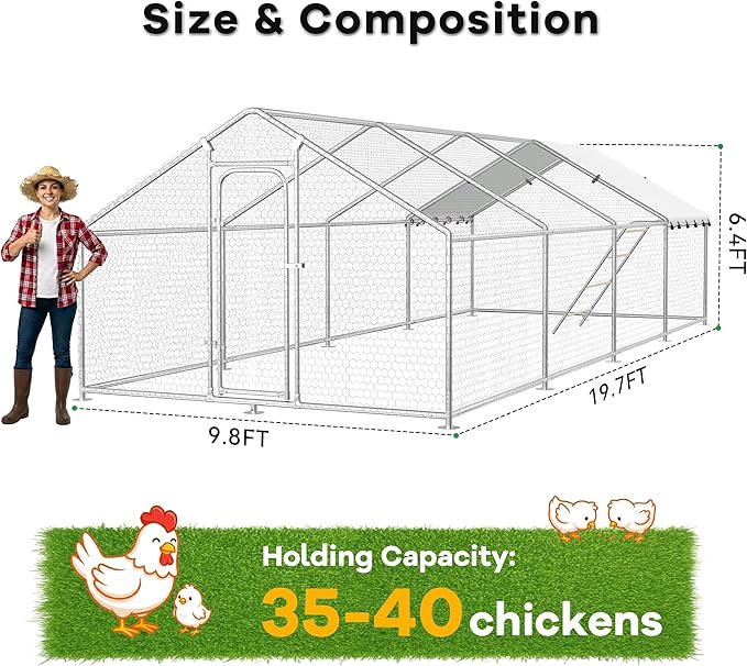 Large Metal Chicken Coop with Roosting Perch, Waterproof and UV Protection Cover, Chicken Run Outdoor Walk-in Cage Chicken Rabbit Duck Hen House for Yard Farm Use Spire Roof (10’ W x 26.2’ L x 6.4’ H)