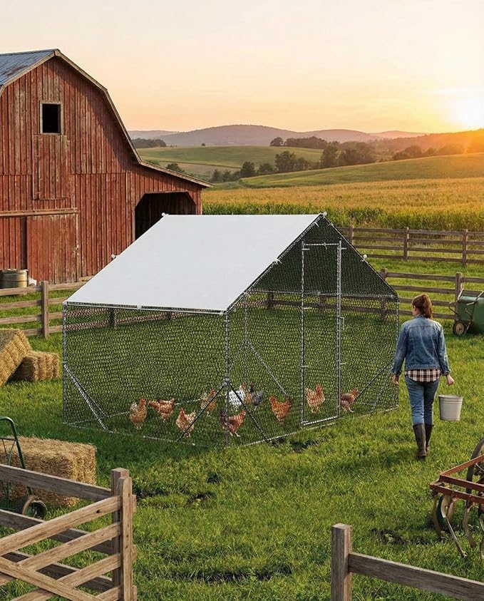 Large Metal Chicken Coop with Run, Walk in Chicken Coop with Waterproof & Anti-UV Cover, Spire Roof Poultry Cage for Yard Hen Duck Rabbit, 6.56 x 9.84 x 6.56 ft