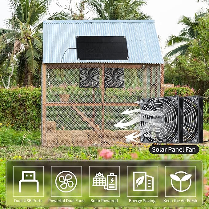 10w 12v Solar Panel Dual Fans Kit Waterproof Outdoor Solar Powered Exhaust Ventilation Fan Dual USB Portable Solar Attic Fan for Chicken Coop Greenhouse Shed PET Houses Window (2 Set)