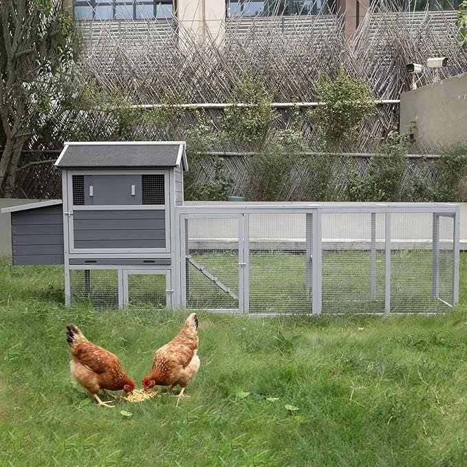 Chicken Coop with Run,Large Outdoor Chicken House with Nesting Box for 2-6 Chickens,Outdoor Wooden Hen House Poultry Pet Hutch Run Cage (Gray+White)