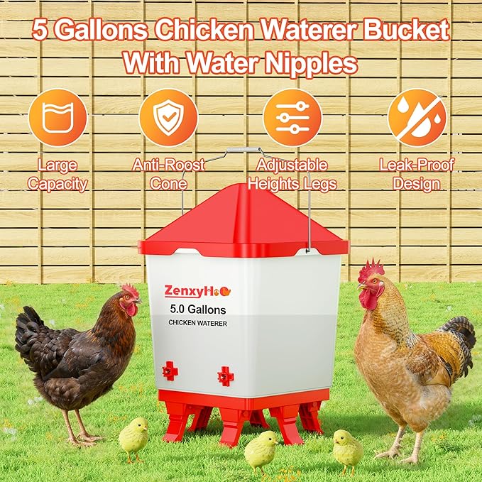 5.0 Gallons Chicken Waterer Bucket with 4 Horizontal Water Nipples, Adjustable Heights and Anti Roost Cone