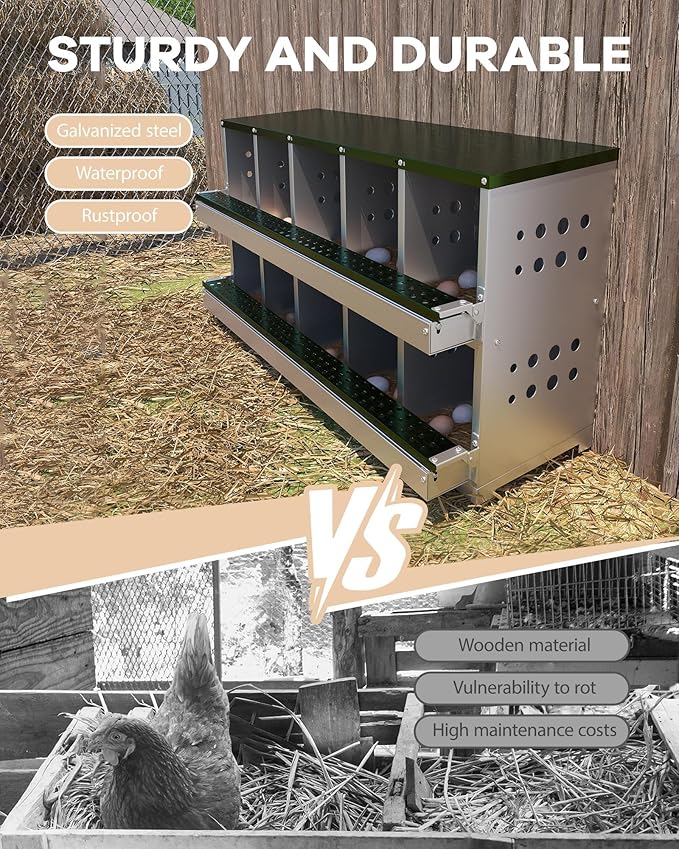 10-Hole Galvanized Metal Chicken Nesting Box with Egg Collection Tray/Fake Training Eggs, Rustproof Poultry Laying Box with Perch Rod,for Chicken Coops and Hens