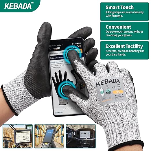 Kebada Cut Resistant Gloves, ANSI A2 Cutting Glove, PU Coated, Touchscreen, Multi-Purpose Model C2, 1 Pair, Large
